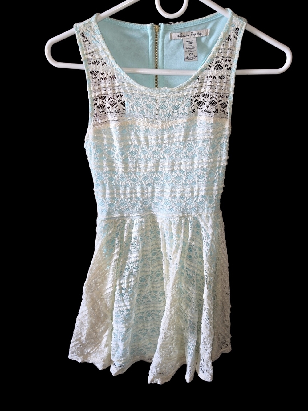 4/8/75. American Rag Mint Blue Lace Fit & Flare Dress with White Crochet Overlay